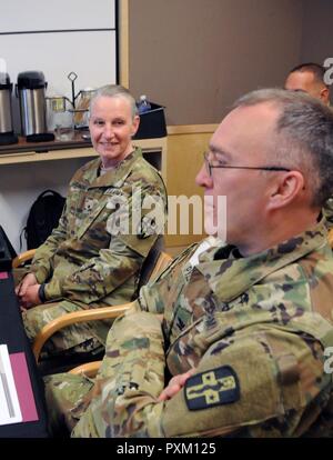 Brig. Gen. Lisa Doumont, Kommandierender General für medizinische Bereitschaft und Weiterbildung Befehl, trifft sich mit Oberst Jason Pyle, Kommandeur der 228th Combat Support Hospital von San Antonio, Texas während der Mrtc hosted Training übung an der Mayo Klinik multidisziplinäre Simulation Center in Rochester, Minnesota entfernt statt. Soldaten des 228Th 807th Medical Befehl csh zugewiesen der dreitägige Training übung auf 2-4 19.06.11 Die MCMSC TeamSTEPPS Übung teilgenommen, die von der Armee finden Medizinische Befehl des Medizinischen Bereitschaft und Weiterbildung Befehl gehostet, bietet Armee Finden medizinische Geräte und h Stockfoto