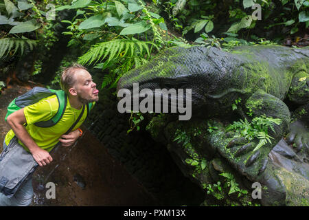 Ein Mann im Dschungel neben der Statue von einem riesigen prähistorischen Echse, ein Dinosaurier. Stockfoto