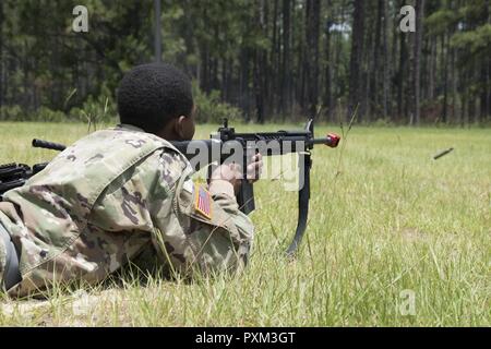 Südcarolina nationale Schutz Soldaten aus dem 1053Rd Transport Unternehmen führte eine Vielzahl von nicht-traditionellen Fähigkeiten als Teil ihrer jährlichen Schulung Juni 9, 2017, McCrady Training Center. Typische Ausbildung für diese Soldaten besteht aus den Transport von Materialien und Lieferungen von einem Standort zu einem anderen; allerdings ist diese Ausbildung enthalten in Verbindung setzen möchten, können Sie der Deckung und Tarnung, um sich selbst zu schützen, Clearing Gebäude, reagieren auf Improvised Explosive Devices, und ärztliche Behandlung zu verletzten. Stockfoto