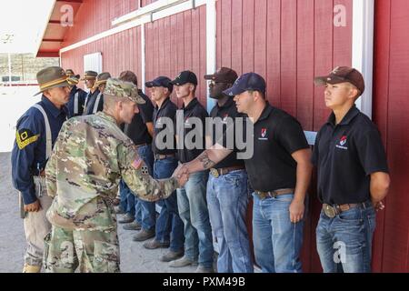 In FORT IRWIN, Kalifornien - Sergeant Major der Armee Daniel A. Dailey grüßt Troopers vom 11 gepanzerte Kavallerie Regimenter 'Pferd Distanz, bei seinem Besuch in der 11. ACR Pferdeställe, bei seinem offiziellen Besuch in der National Training Center und Fort Irwin, 8. Juni 2017. SMA Dailey besucht die 11. ACR und Fort Irwin mit Soldaten zu treffen, ihre Familien und Zivilisten auf Post stationiert, während einer Tournee verschiedene Einrichtungen. Stockfoto