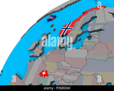 EFTA-Länder mit nationalen Flaggen auf 3D-Globus. 3D-Darstellung. Stockfoto