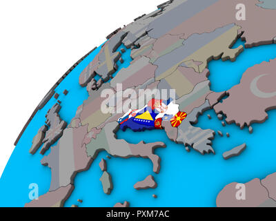 Das ehemalige Jugoslawien mit nationalen Flaggen auf 3D-Globus. 3D-Darstellung. Stockfoto