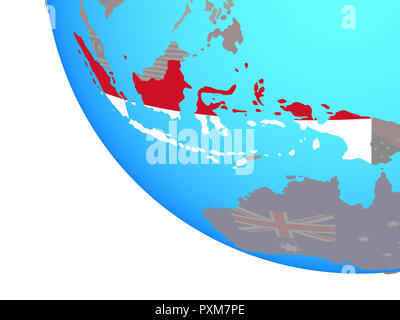 Indonesien mit National Flagge auf einfachen Welt. 3D-Darstellung. Stockfoto