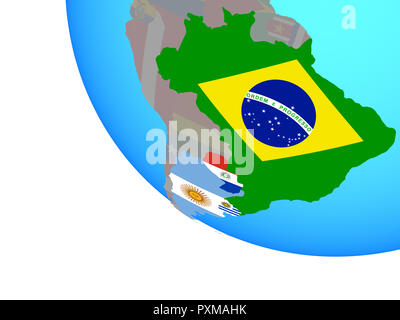 Mitglieder des Mercosur mit nationalen Flaggen auf einfachen Welt. 3D-Darstellung. Stockfoto