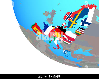 Schengen-raum Mitglieder mit Fahnen, die auf einfachen Welt. 3D-Darstellung. Stockfoto