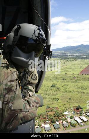 Sgt. James Perkins von 2 Bataillon, 25 Aviation Regiment, 25 Combat Aviation Brigade, 25 Infanterie Division, ein Besatzungsmitglied Instructor, beobachtet eine North Shore wildfire aus der Distanz, wie sie von einem Druckabfall während der löscharbeiten am 8. Juni. 25 CAB, 25 ID, zusammen mit der Hawaii Abteilung von Land und natürlichen Ressourcen und anderen lokalen Agenturen, gemeinsam ein wildfire an der Nordküste in der Nähe von Mokule'ia Forest Reserve und Pahole Natural Area Reserve zu kämpfen. Stockfoto