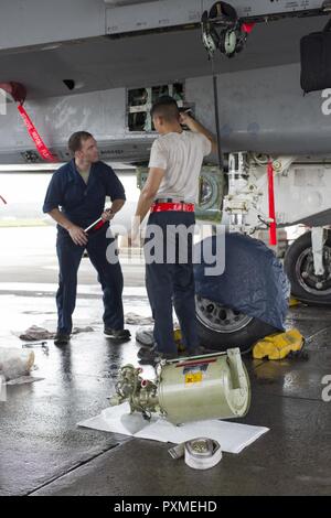 Us Air Force Staff Sgt. Dennis Franco und Senior Airman Devin Arden, 67th Aircraft Maintenance Unit F-15 Eagle engagierten Mannschaft Leiter, die Wartung durchführen an hydraulischen Systemen eines F-15 Juni 13, 2017, bei Kadena Air Base, Japan. Die lufthoheit Der Adler ist durch das Zusammenspiel von Wendigkeit und Beschleunigung, Reichweite, Waffen und Technik erreicht. Stockfoto