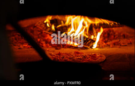 Professionelle Pizzaofen. Ein gutes Feuer brennt im Ofen. Pizza auf die hölzerne Schaufel in den Ofen. Stockfoto