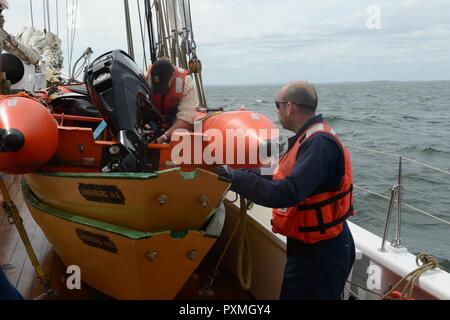 Eine US Coast Guard Marine Sicherheit Loslösung officer prüft kleiner ist eine kanadische Tall Ship Boat in Nahant Bay, Boston, Massachusetts, 16. Juni 2017. Die Sicherheit auf See Loslösung Offiziere bei Zoll und Grenzschutz Offiziere gemeinsame boardings des Tall Ships in der Grande Parade der Segel für die Sail Boston 2017 Teilnehmenden, bevor sie Boston Harbor geben Sie durchzuführen. Stockfoto