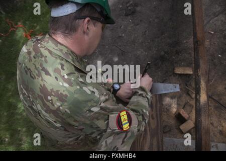 Lance Cpl. Stephen Bjerre, 3. Bau Bataillon, Dänische Armee, Maßnahmen einen Schnitt für den Bau einer Fußgängerbrücke im Custer State Park in Unterstützung der Goldenen Coyote Übung, Custer, S.D. Juni 16th, 2017. Die goldenen Coyote Übung ist eine dreiphasige, Szenario-driven Übung in den Black Hills von South Dakota und Wyoming, mit dem Kommandanten auf der Mission wesentliche Anforderungen der Aufgabe, Krieger Aufgaben und Übungen zu konzentrieren. Stockfoto