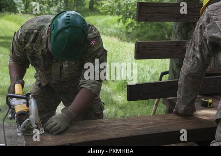 Lance Cpl. Al Frederiksen, 3. Bau Bataillon, Dänische Armee, macht einen Schnitt in einer Planke mit einem Drehschalter sah für den Bau einer Fußgängerbrücke im Custer State Park in Unterstützung der Goldenen Coyote Übung, Custer, S.D. Juni 16th, 2017. Die goldenen Coyote Übung ist eine dreiphasige, Szenario-driven Übung in den Black Hills von South Dakota und Wyoming, mit dem Kommandanten auf der Mission wesentliche Anforderungen der Aufgabe, Krieger Aufgaben und Übungen zu konzentrieren. Stockfoto