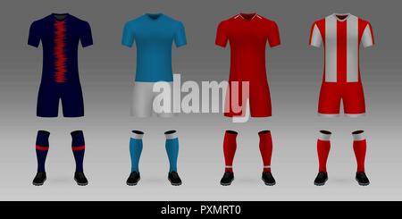 3D realistische Vorlage Soccer Jersey PSG, Napoli, Liverpool, Red Star t-shirt mit Hose und Socken auf shop Kulisse. Mockup von Fußball-Team der Uni Stock Vektor