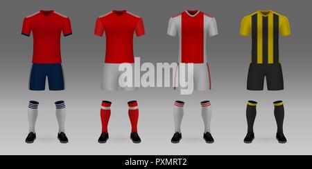 3D realistische Vorlage Soccer Jersey Bayern, Benfica, Ajax, AEK. t-shirt mit Hose und Socken auf shop Kulisse. Mockup von Fußball Team einheitliche Stock Vektor