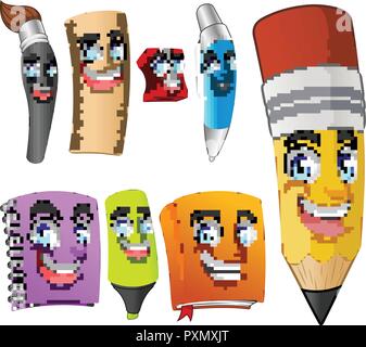 Der lustige Comicfiguren Schulmaterial versorgt: Bleistift, Stift, Anspitzer, Lineal, Pinsel, Buch, Marker, Binder, Vector Illustration. Stock Vektor