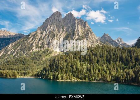 Aigues Tortes Nationalpark Wald landschaft. Sant Maurici See. Spanien Stockfoto