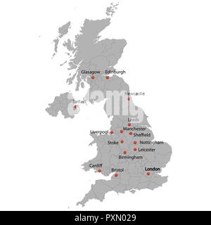 Detaillierte Karte des Vereinigten Königreichs mit Städten Stock Vektor