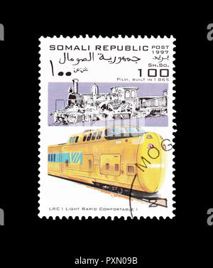 Storniert Briefmarke von Somalia gedruckt, zeigt die Lokomotive, circa 1998. Stockfoto