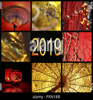 2019, Asien rot und gold Zen Photo Collage Stockfoto