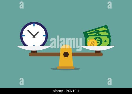 Eine Skala mit Geld und Uhr. Abbildung. Stock Vektor
