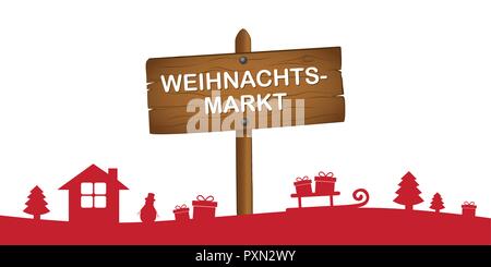 Weihnachtsmarkt Holz- Zeichen und roten Winterlandschaft Vektor-illustration EPS 10. Stock Vektor