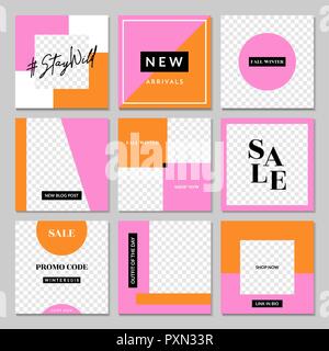 Ein Satz von neun editierbare square Vorlagen für soziale Medien Beiträge in Rosa, Weiß, Orange und Schwarz. Mode und Lifestyle blog Templates, Werbebanner, br Stock Vektor