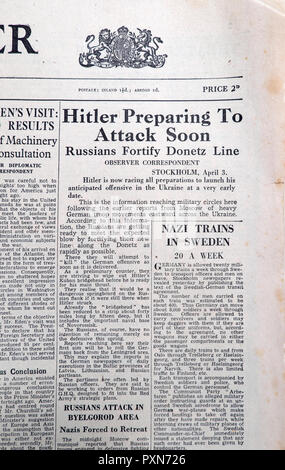 "Hitler Vorbereitung zum Angriff Bald'' NS-Züge Russen stärken Donetz Line'' in Schweden, 'Beobachter 1940 WWII Archiv Zeitung Startseite London UK Stockfoto