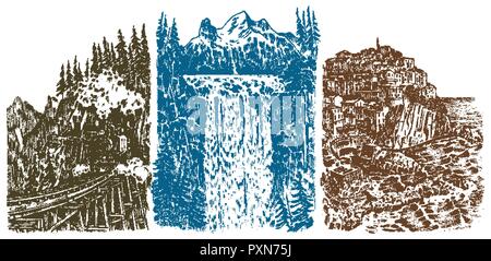 Berggipfel mit Wald und Wasserfall. Grafisches Schwarzweiß-Landschaft. Graviert Hand gezeichnet alte Skizze. Vector Illustration für ein Plakat oder Label. Stock Vektor