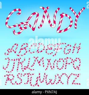 Candy Cane Font. Süße comic Alphabet. Isoliert. Schriftzug Vorlage. Pink Sugar kids. Cartoon Vector Illustration für Party Poster oder Etiketten. Frohe Weihnachten. Stock Vektor