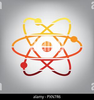 Atom sign Abbildung. Vektor. Horizontal geschnitten Symbol mit Farben aus dem sonnigen Gradient in grauen Hintergrund. Stock Vektor