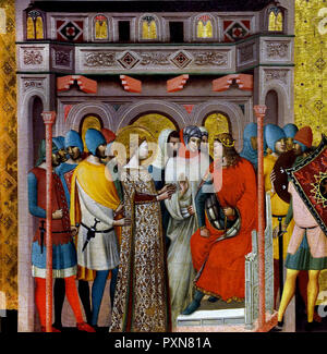 St Columba vor Kaiser Aurelian, Detail aus den drei Geschichten von St. Columba, 14. Jahrhundert, von Giovanni Baronzio (Aktive 1343-1345). Italien, Italienisch. Stockfoto