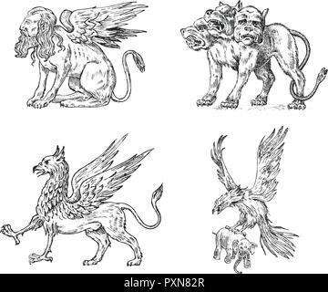 Der mythologische Tiere. Cerberus Sphinx Griffin mythischen Basilisken Vögel. Griechische Kreaturen. Graviert hand Antike alte vintage Skizze gezeichnet. Stock Vektor