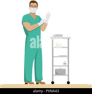 Mann Arzt in der Form in sterile Handschuhe und Maske im Behandlungsraum. Medizinische Vector Illustration. Stock Vektor