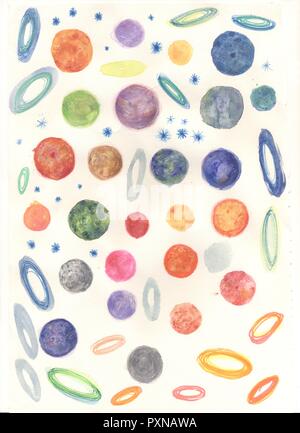 Sonnensystem, Sterne, Planeten und umkreist Texturen und Elemente in der Aquarellmalerei Stockfoto