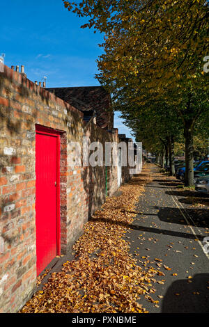 Wand mit rot lackierter Tür hinter Reihenhäusern und herbstlichen Blättern auf einem Pfad neben York North Yorkshire England Großbritannien Großbritannien Stockfoto