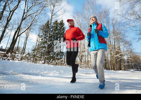 Gerne aktive Senioren in Sportkleidung Jogging, Winterdienst in natürlicher Umgebung Stockfoto