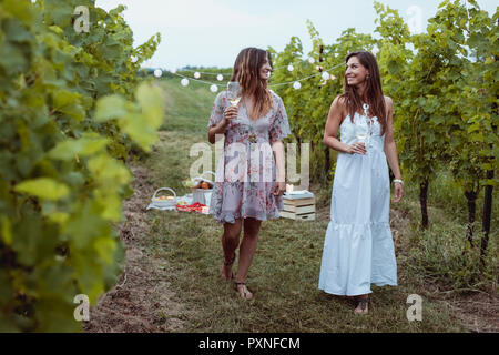 Junge Frauen walkig im Weinberg, bei einem Picknick, das Trinken von Wein Stockfoto