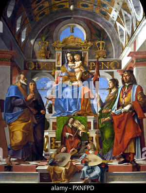 Madonna mit Kind und St. Andreas, St. Monica, St. Ursula und St. Sigismund 1499 Montagna (Bartolomeo Cincani) 1450-1523 Italien, Italienisch thront Stockfoto