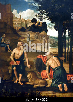 Szenen aus dem Leben des heiligen Hieronymus; der hl. Franziskus in Ekstase und Pater Leo 1500-1505 spanischer Maler aus dem 16. Jahrhundert, Italien, Italienisch. Stockfoto