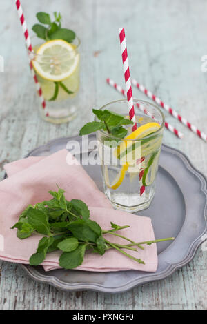 Gläser infundiert Wasser mit Zitrone, Limette und Minze Stockfoto