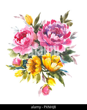 Die dekorativen Blumenstrauß mit blühenden rosa Pfingstrosen. Aquarell Hintergrund Stockfoto