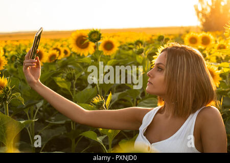 Junge Frau in einem Feld mit Sonnenblumen mit einem selfie Stockfoto