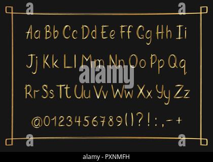 Golden Alphabet in skizzenhaften Stil mit Rahmen. Vektor handschriftliche Bleistift Buchstaben, Zahlen und Satzzeichen. Gold pen Handschrift Font. Stock Vektor