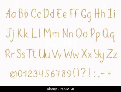 Golden Alphabet in skizzenhaften Stil. Vektor handschriftliche Bleistift Buchstaben, Zahlen und Satzzeichen. Gold pen Handschrift Font. Stock Vektor