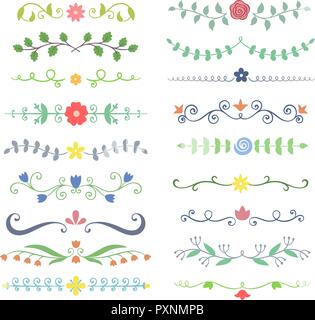 Sammlung von Hand gezeichnet farbigen Text Teiler gedeihen. Doodle botanischen boders für Typografie Design, Einladungen, Grußkarten. Kalligrafischen und Stock Vektor