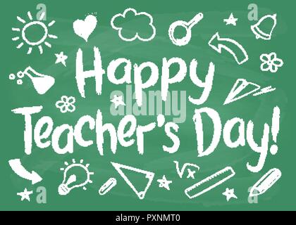 Gerne Lehrer Tag Grußkarte oder Plakat auf grüne Kreidetafel in skizzenhaften Stil mit handdrawn Schule doodles. Stock Vektor