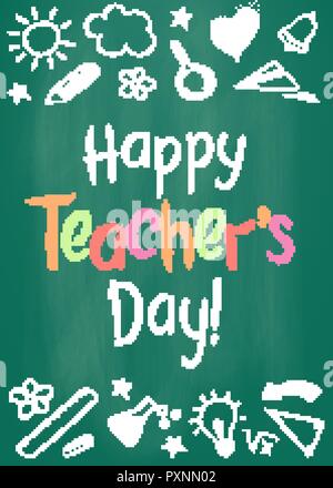 Gerne Lehrer Tag Grußkarte oder Plakat auf grüne Kreidetafel in skizzenhaften Stil mit HANDDRAWN Sterne und Herzen. Stock Vektor