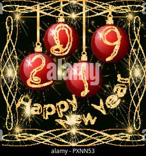 Roten Weihnachtskugeln mit der Inschrift 2019 in einem goldenen Rahmen auf dem Hintergrund der begrüssen und goldenen Highlights auf einem dunklen Hintergrund Stock Vektor