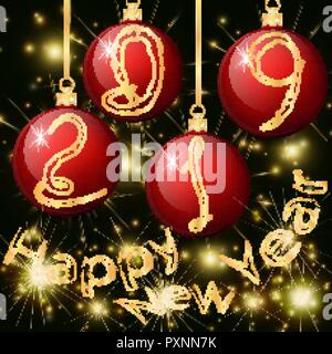 Roten Weihnachtskugeln mit der Inschrift 2019 auf dem Hintergrund der Salute und den goldenen Highlights auf einem dunklen Hintergrund hängen auf Bänder Stock Vektor