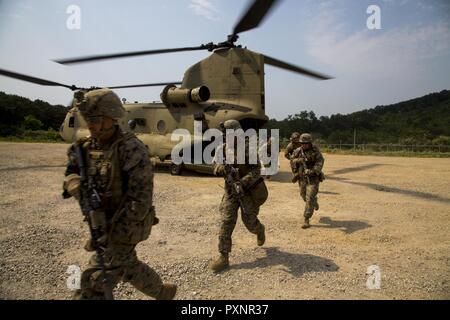 Us-Marinesoldaten und Matrosen zu 3 Bataillon zugeordnet, 8. Marine Regiment, freuen uns auf die 3. Marine Division eingesetzt, als Teil der Einheit Deployment Program, und der Republik Korea (ROK) Offload von US Army CH-47 Chinook Hubschrauber, für die Koreanische Marine Exchange Program (KMEP) 17-11, bei Schafen sieben Training Area, South Korea, 15. Juni 2017. KMEP ist eine bilaterale Übung Interoperabilität zu erhöhen und die kombinierten Funktionen von der ROK und US Marine Corps Forces. Stockfoto