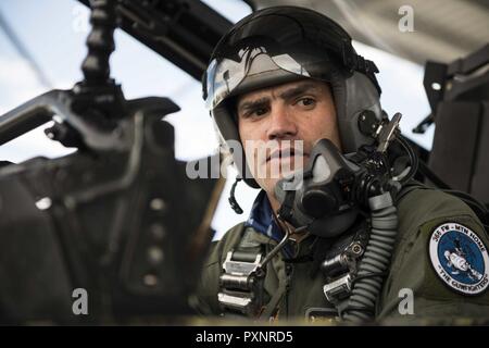 Stellvertretender Vorsitzender Buster Gibson der Shoshone-Paiute Stämme der Duck Valley Indian Reservation sitzt im Cockpit einer F-15 E Strike Eagle, 16. Juni 2017, am Mountain Home Air Force Base, Idaho. Dies war sein erstes Mal, die in einem Kampfjet. Stockfoto